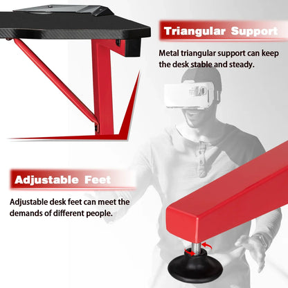 Red metal gaming desk triangular support for stability and adjustable feet for height customization