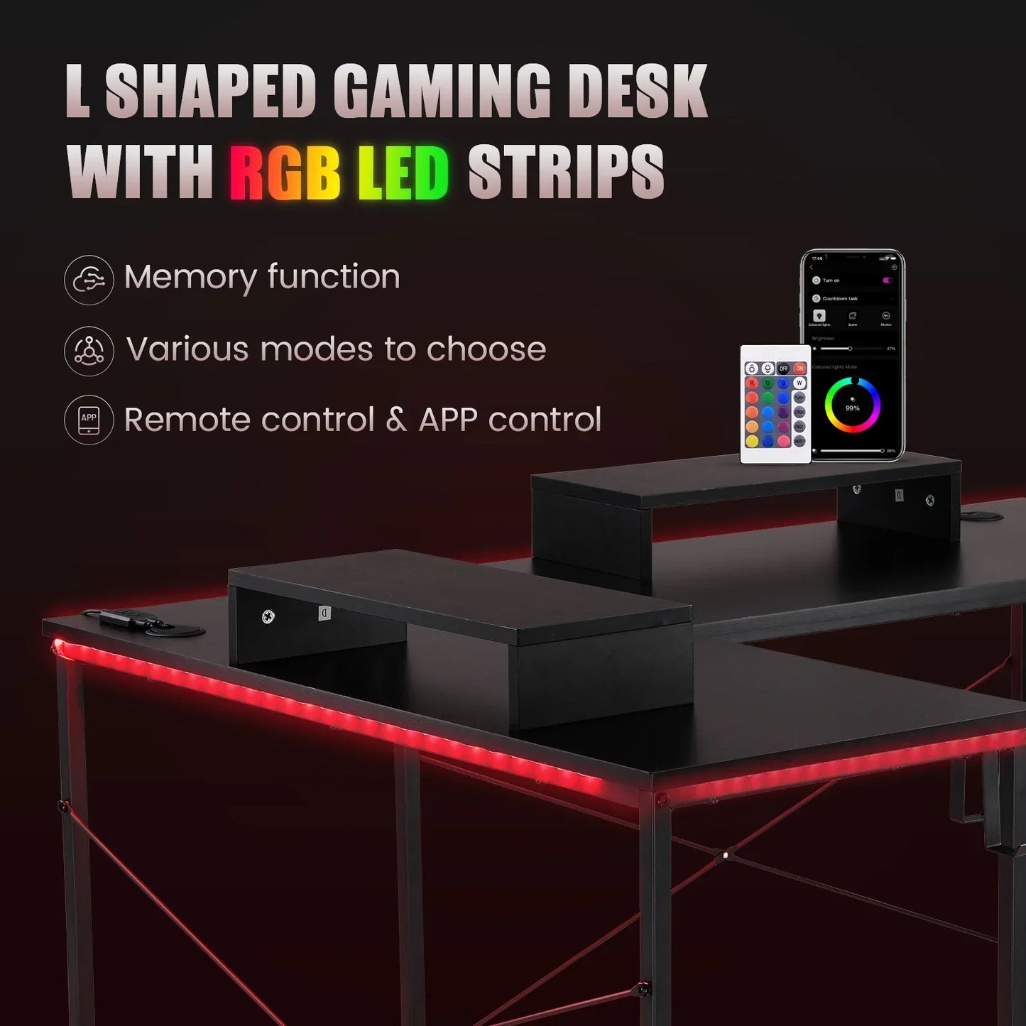 L-Shaped Gaming Desk with RGB Light and Removable Storage Stands, Black