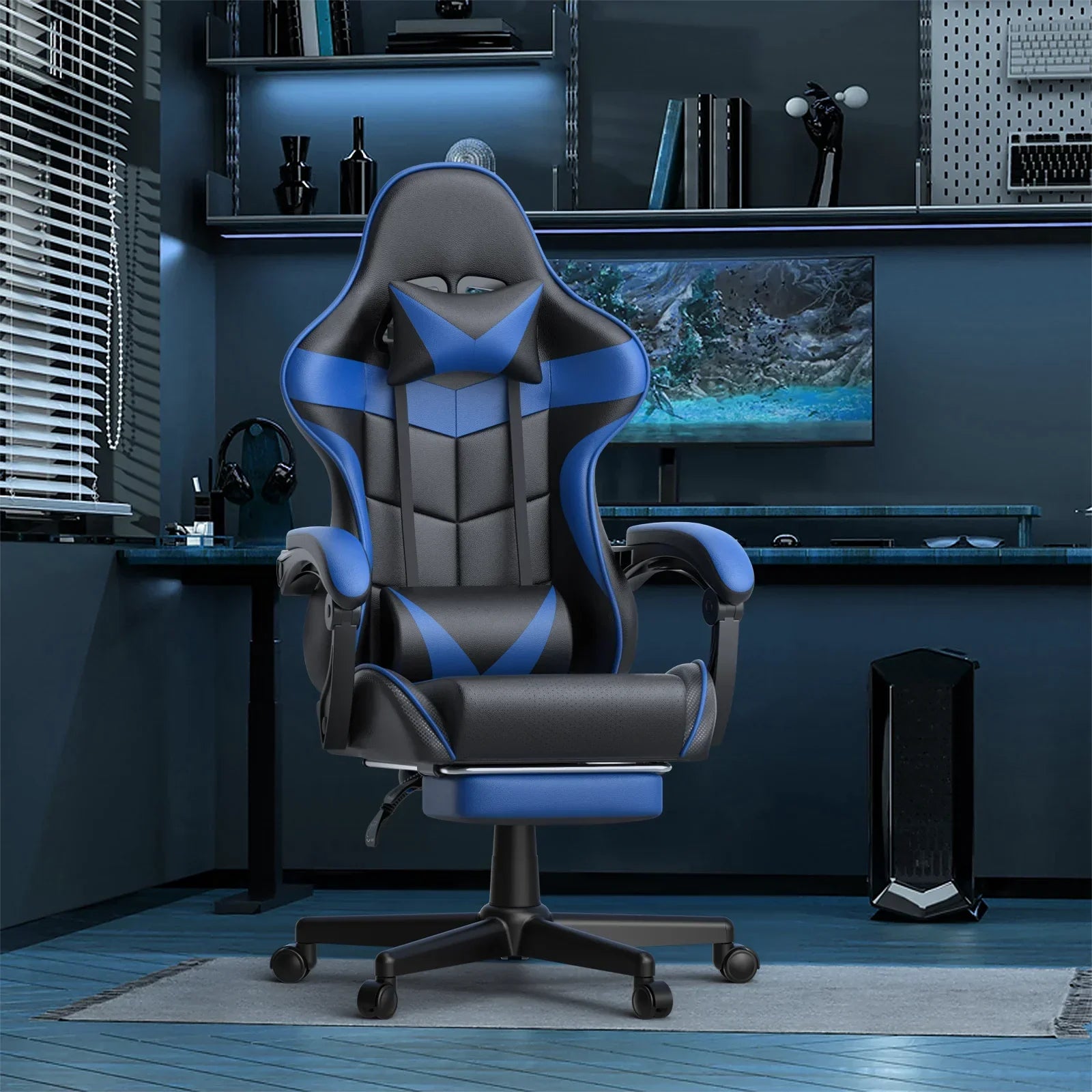 Black and blue ergonomic gaming chair with lumbar and head support in a modern gaming setup