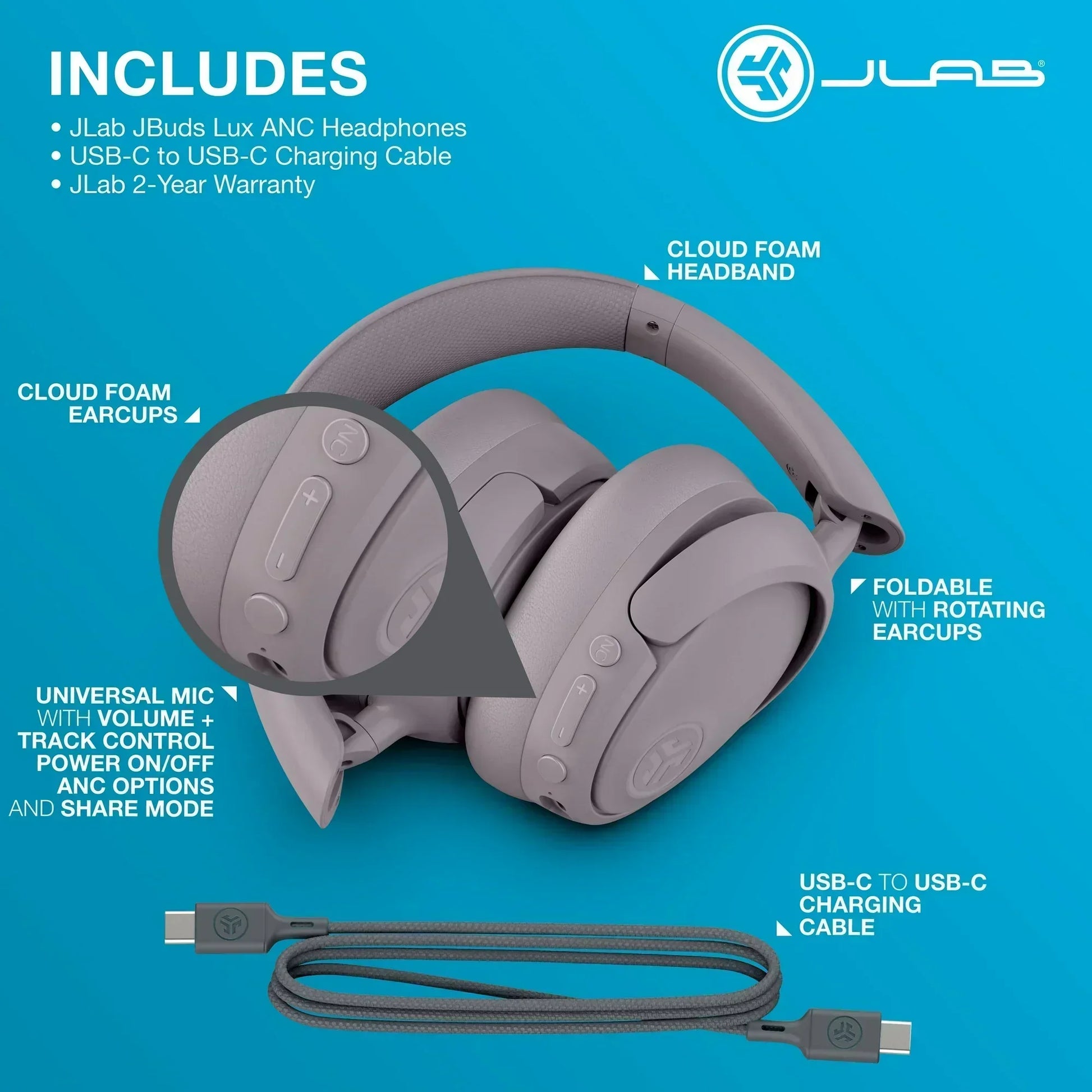 Over-ear wireless gaming headphones with cloud foam earcups, controls, and USB-C charging cable on blue background