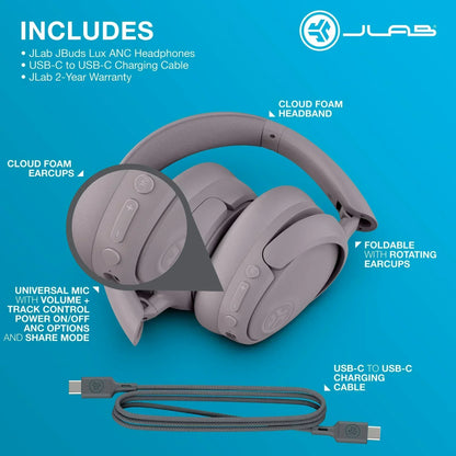 Over-ear wireless gaming headphones with cloud foam earcups, controls, and USB-C charging cable on blue background
