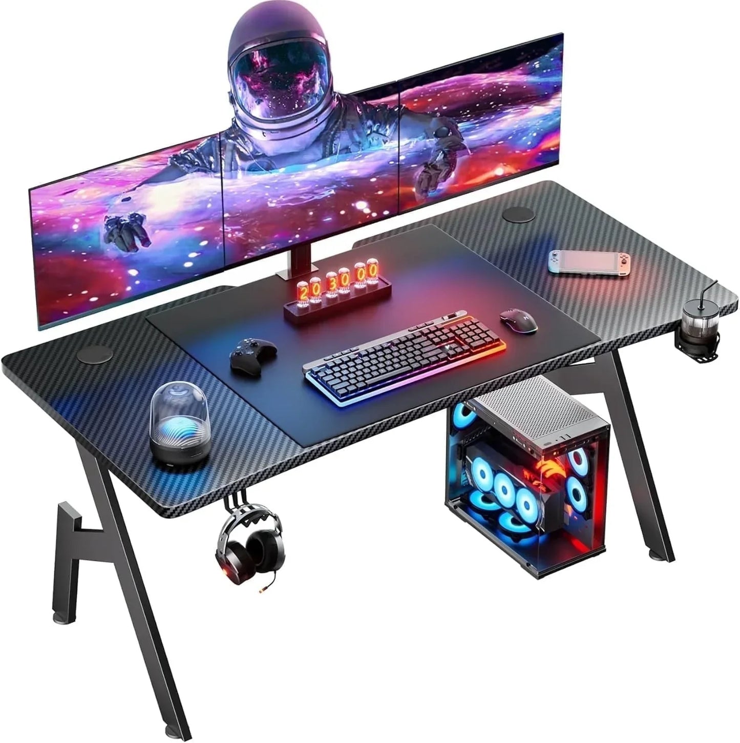 55 Inch Gaming Desk, Ergonomic Gaming Table, Computer Desk with Headphone Hook & Cup Holder