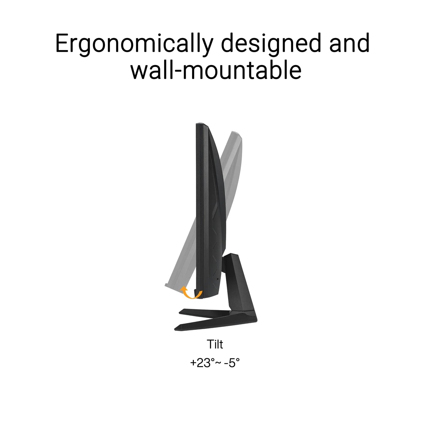Ergonomically designed black monitor with adjustable tilt from +23° to -5°, wall-mountable setup