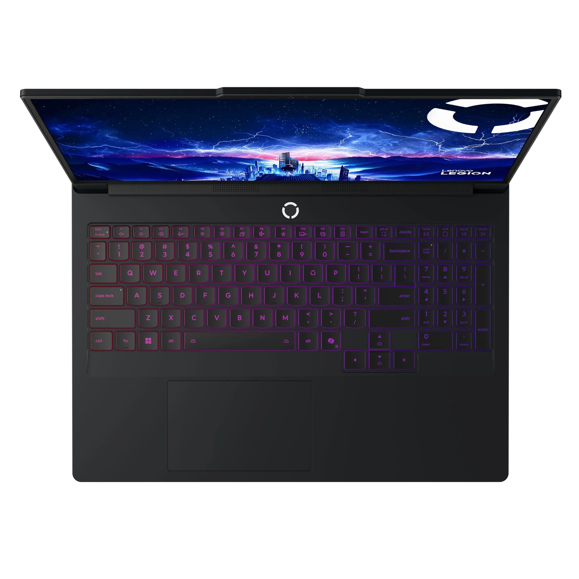 Top view of gaming laptop with RGB backlit keyboard and futuristic screen wallpaper