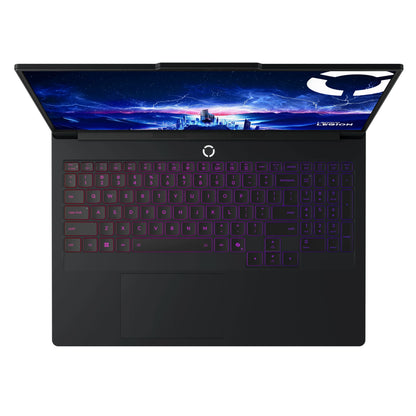 Top view of gaming laptop with RGB backlit keyboard and futuristic screen wallpaper