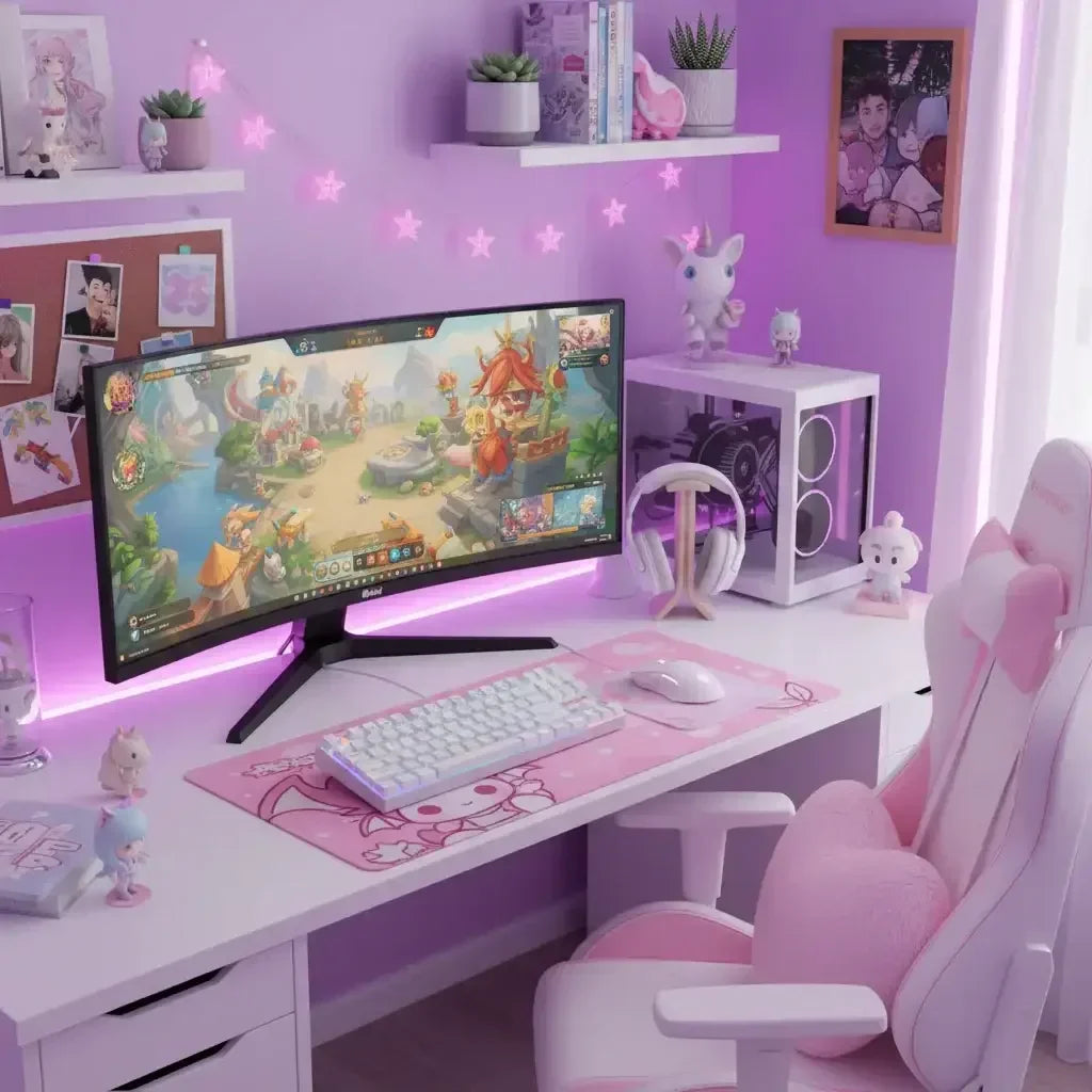 Pink and white gamer setup with curved monitor, keyboard, mouse, RGB lights, gaming chair, and anime figurines