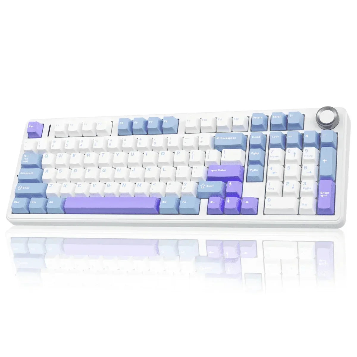 Retro 8-bit style white keyboard with purple and blue keycaps, modern gaming gear at Byte Style