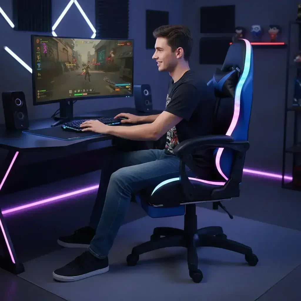 Young man playing video game on curved monitor in RGB-lit gaming chair and desk setup
