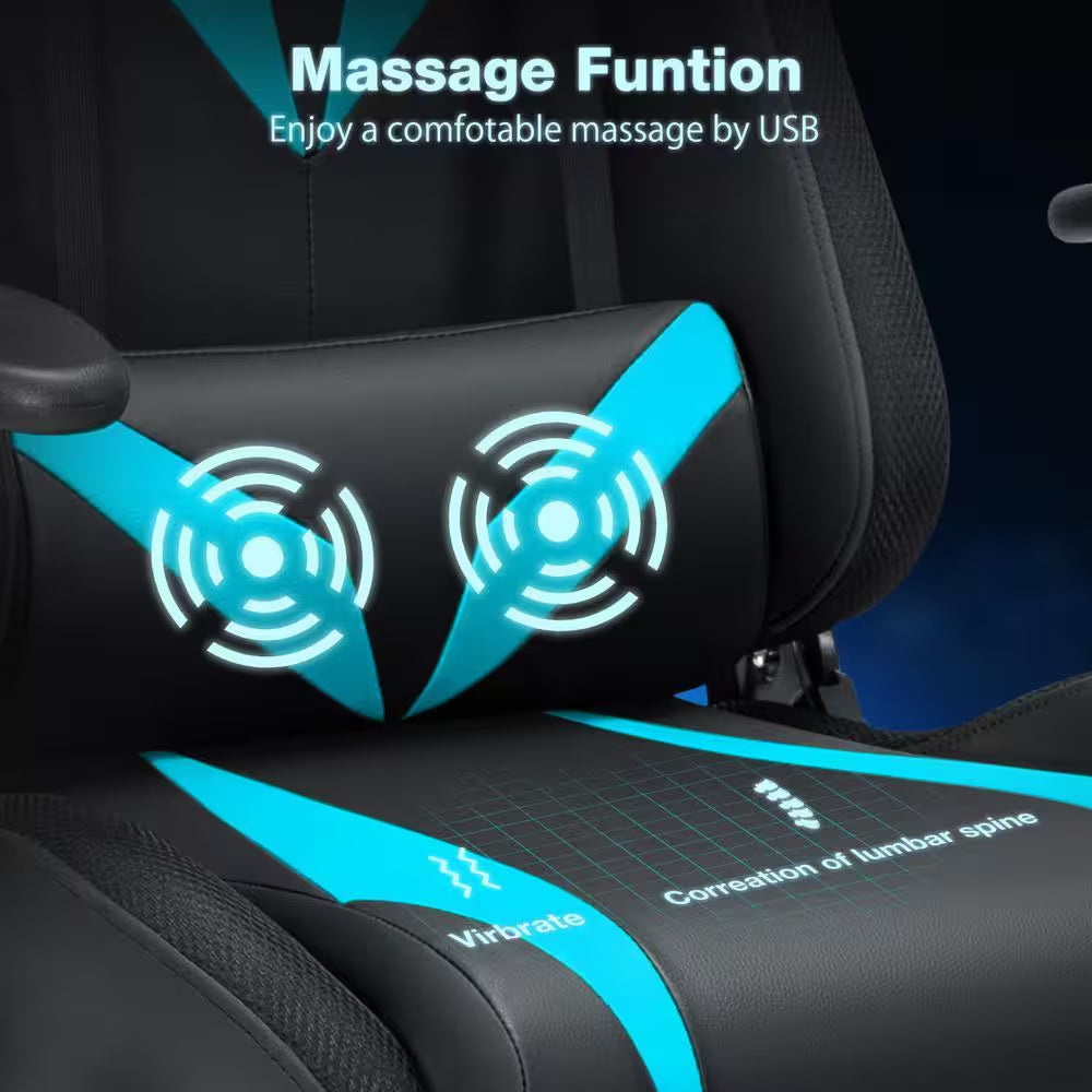 Gaming chair with USB massage function, lumbar support, and blue LED accents for comfort and spine correction
