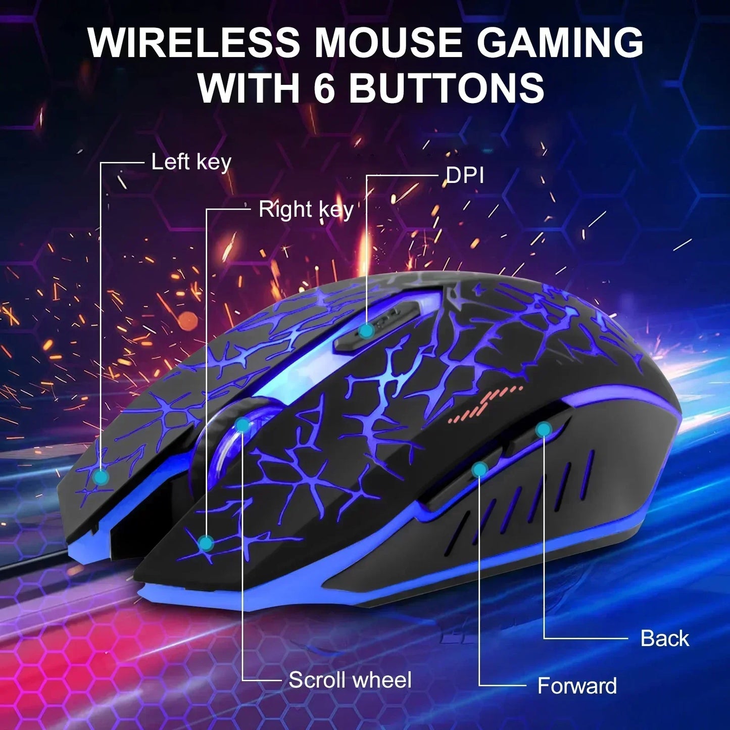 Wireless gaming mouse with 6 buttons, LED lighting, and labeled controls for PC gaming.