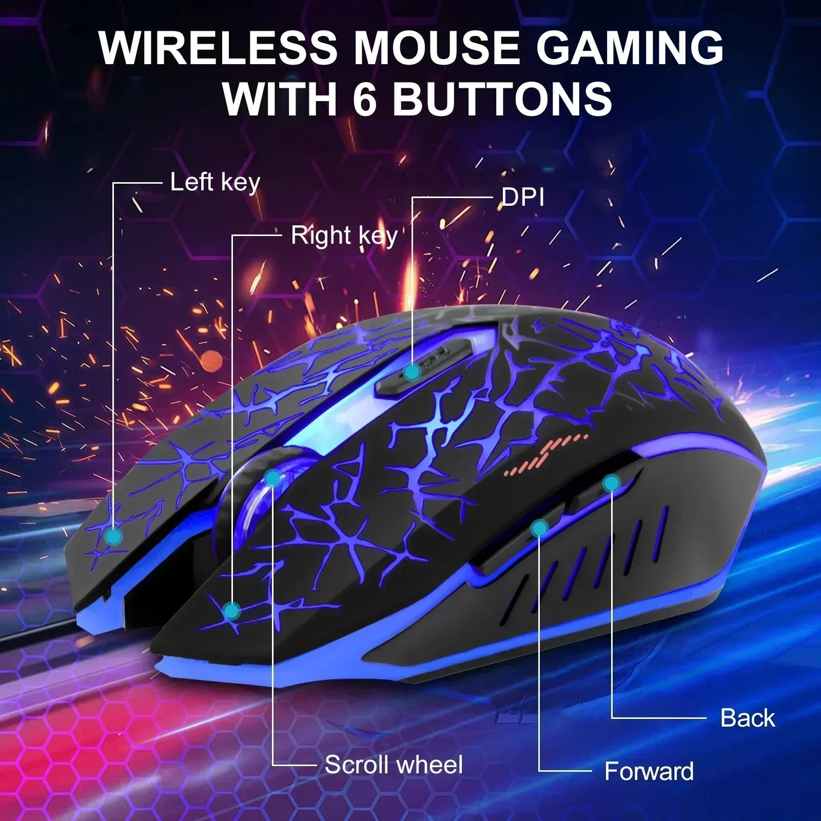 Wireless gaming mouse with 6 buttons, LED lighting, and labeled controls for PC gaming.