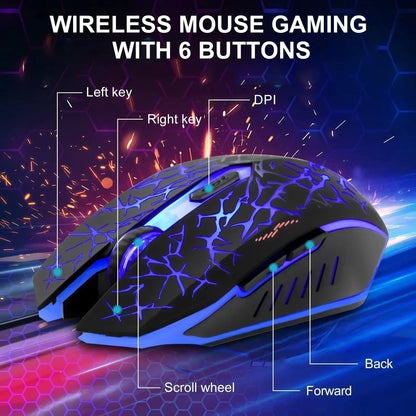 Wireless gaming mouse with 6 buttons, LED lighting, and labeled controls for PC gaming.