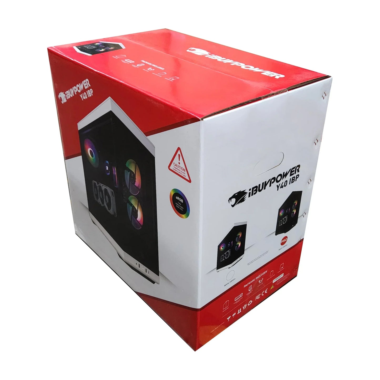 iBUYPOWER Y40 IBP gaming desktop PC box with RGB fans and white chassis packaging