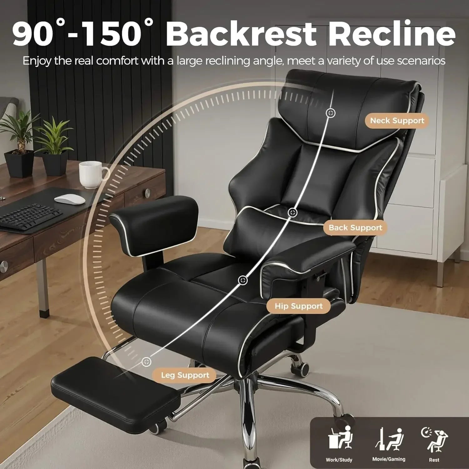 Black gaming office chair with 90-150° recline, neck, back, hip & leg support for work, gaming, or rest