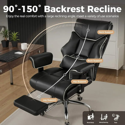Black gaming office chair with 90-150° recline, neck, back, hip & leg support for work, gaming, or rest