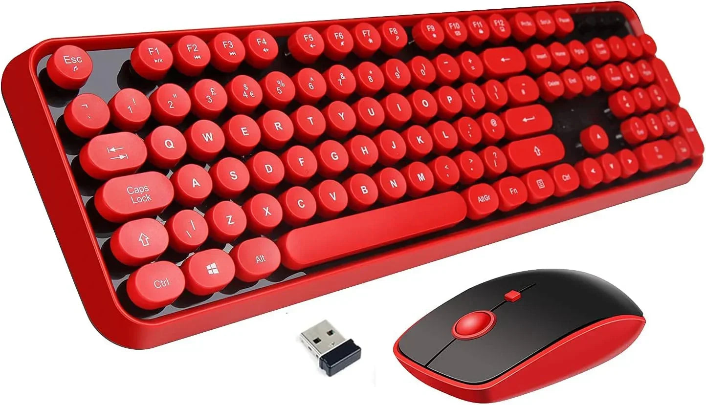 Retro red wireless keyboard and mouse combo with USB receiver, modern gaming gear