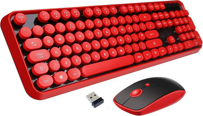 Retro red wireless keyboard and mouse combo with USB receiver, modern gaming gear