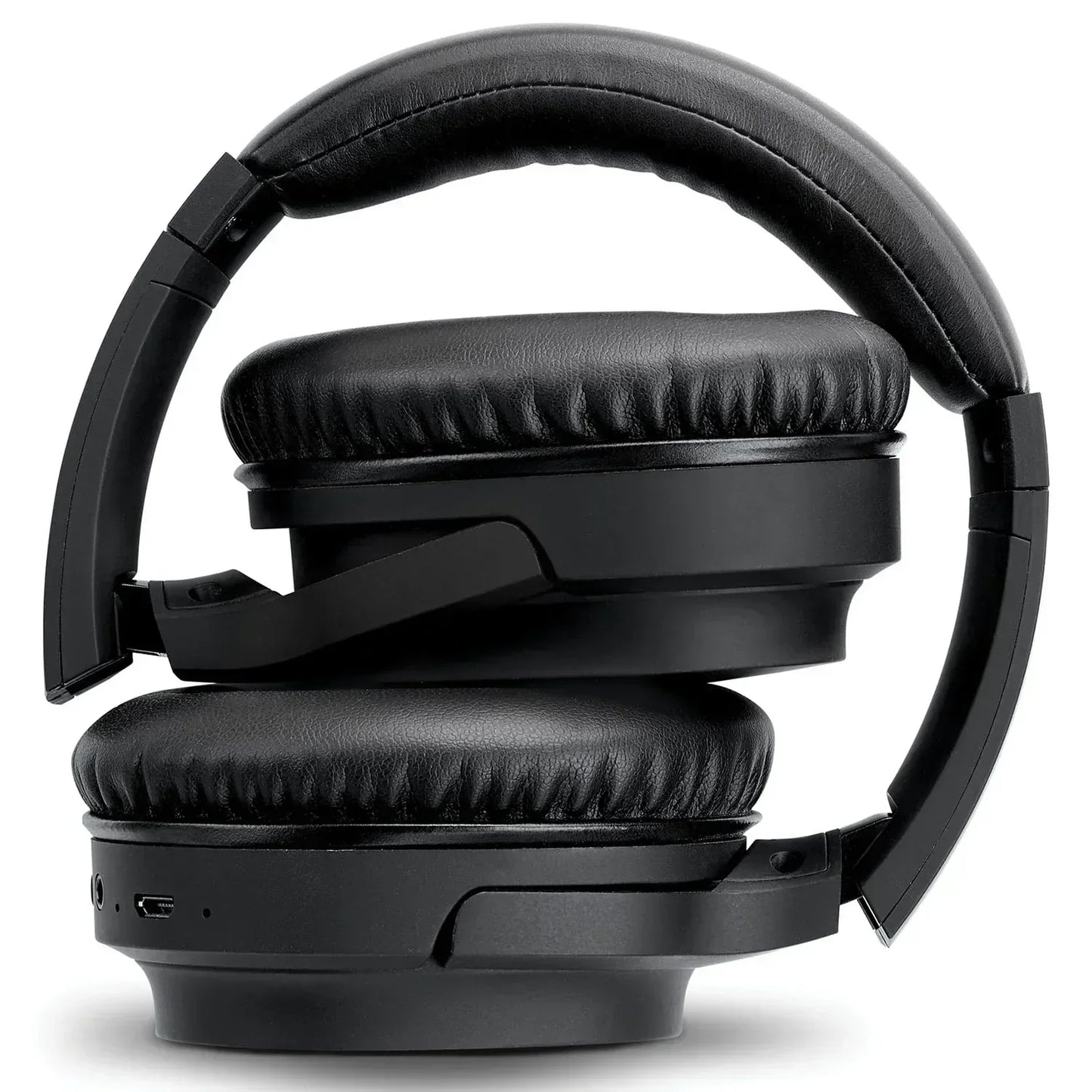 Folded black over-ear wireless gaming headset with padded ear cushions on white background.