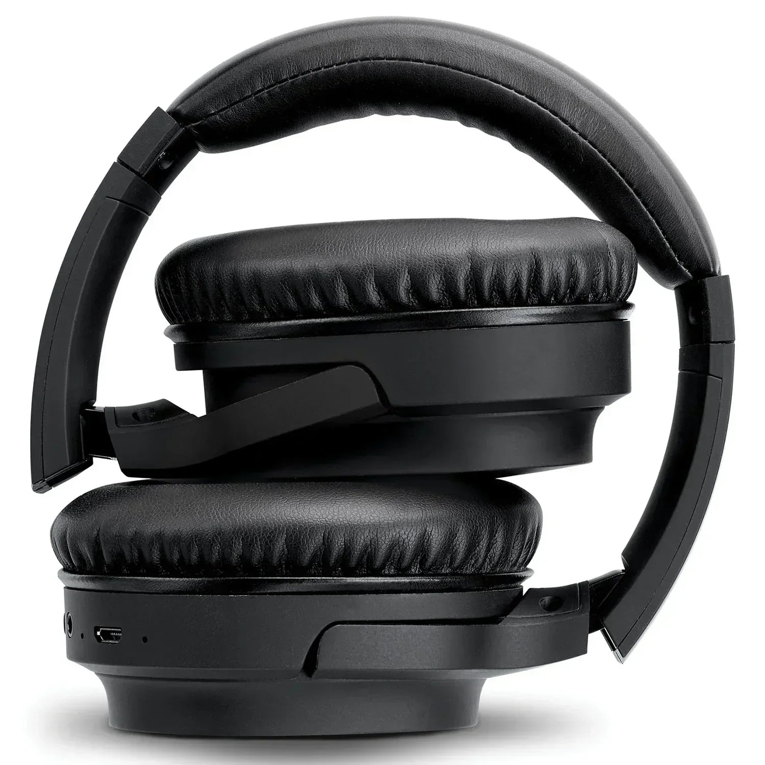 Folded black over-ear wireless gaming headset with padded ear cushions on white background.
