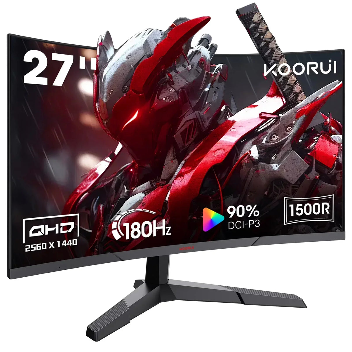 27-inch curved Koorui gaming monitor with 2560x1440 QHD, 180Hz refresh rate, 90% DCI-P3 color, and 1500R curvature