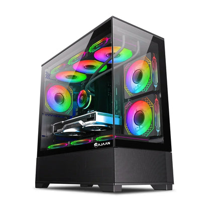 Gaming PC with RGB lighting, glass side panel, and multiple cooling fans