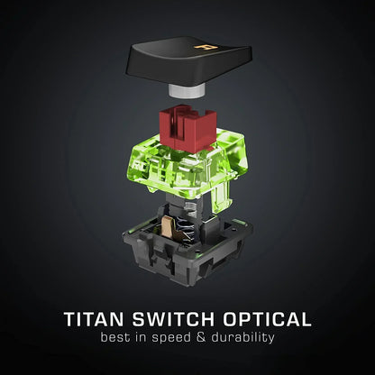 Exploded view of Titan Switch Optical mechanical keyboard switch with keycap, RGB-ready for gaming.