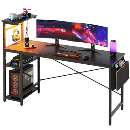 Black gaming desk with dual ultra-wide curved monitors, RGB keyboard, mouse, headset, PC tower, and accessories
