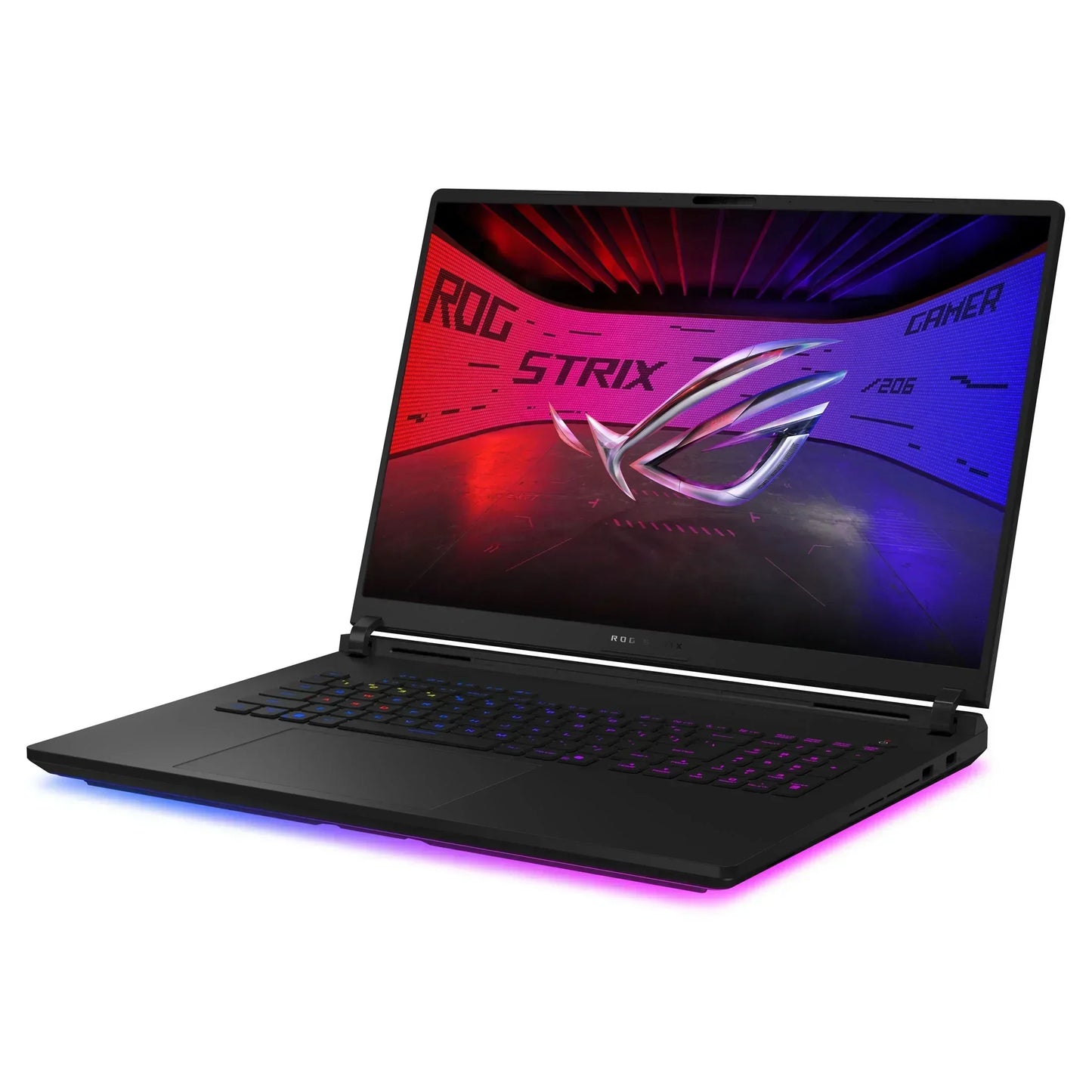 Gaming laptop with RGB keyboard and ROG Strix logo on screen, side angle view