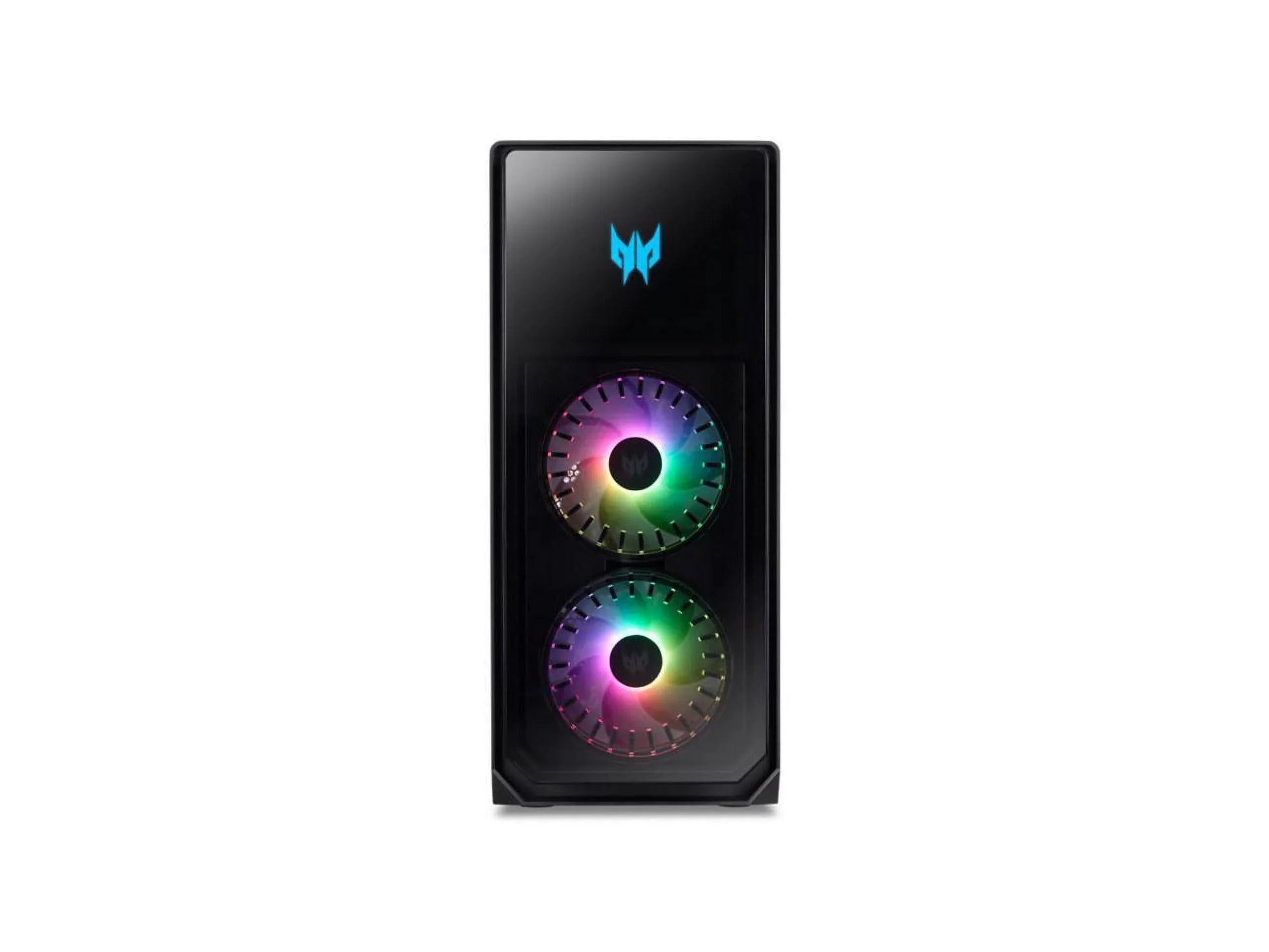 Black gaming PC case with dual RGB fans and illuminated blue logo on front panel