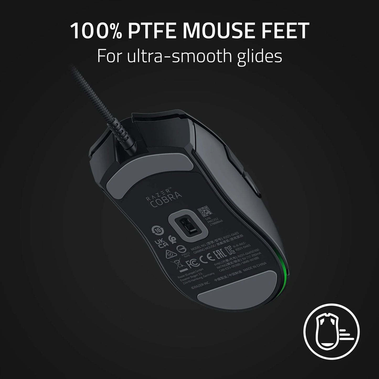 Razer Cobra gaming mouse bottom view with 100% PTFE mouse feet for ultra-smooth glides