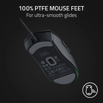Razer Cobra gaming mouse bottom view with 100% PTFE mouse feet for ultra-smooth glides