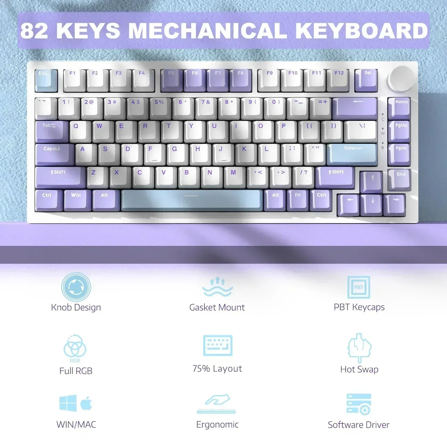 AK820 Mechanical Keyboard with CNC Knob Control,82Keys Gasket Mount Wired Gaming Keyboard,75% ANSI Layout,5 Sound Absorbing Foam,Hot-Swappable,White Backlit,For PC,MAC (White&Purple)