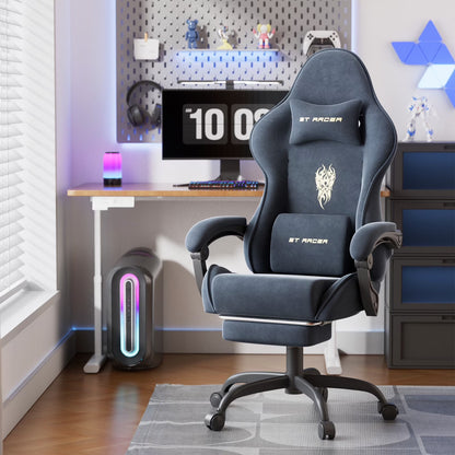 ST RACER gaming chair with lumbar and neck pillows in a retro 8-bit themed setup, perfect for gamers.
