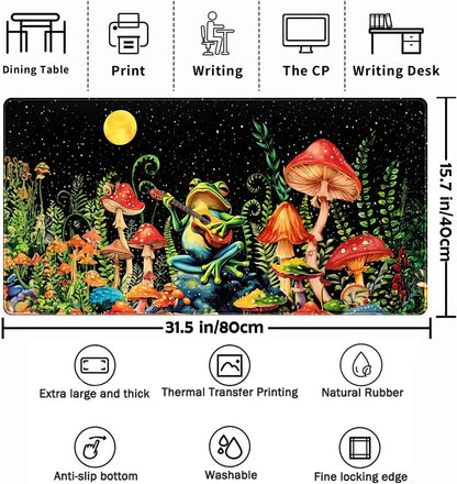 Gaming desk mat with colorful mushrooms, frog playing guitar under moonlit starry sky, 31.5x15.7 inches