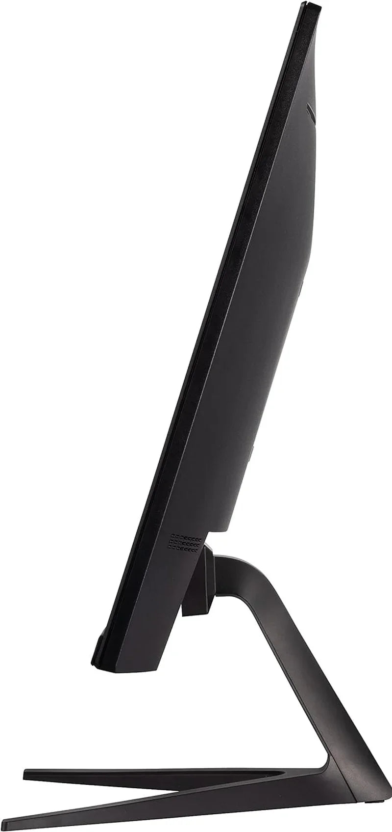 Side view of a sleek black modern computer monitor with angled V-shaped stand on white background