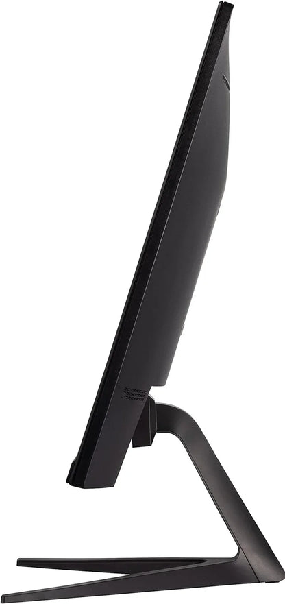 Side view of a sleek black modern computer monitor with angled V-shaped stand on white background