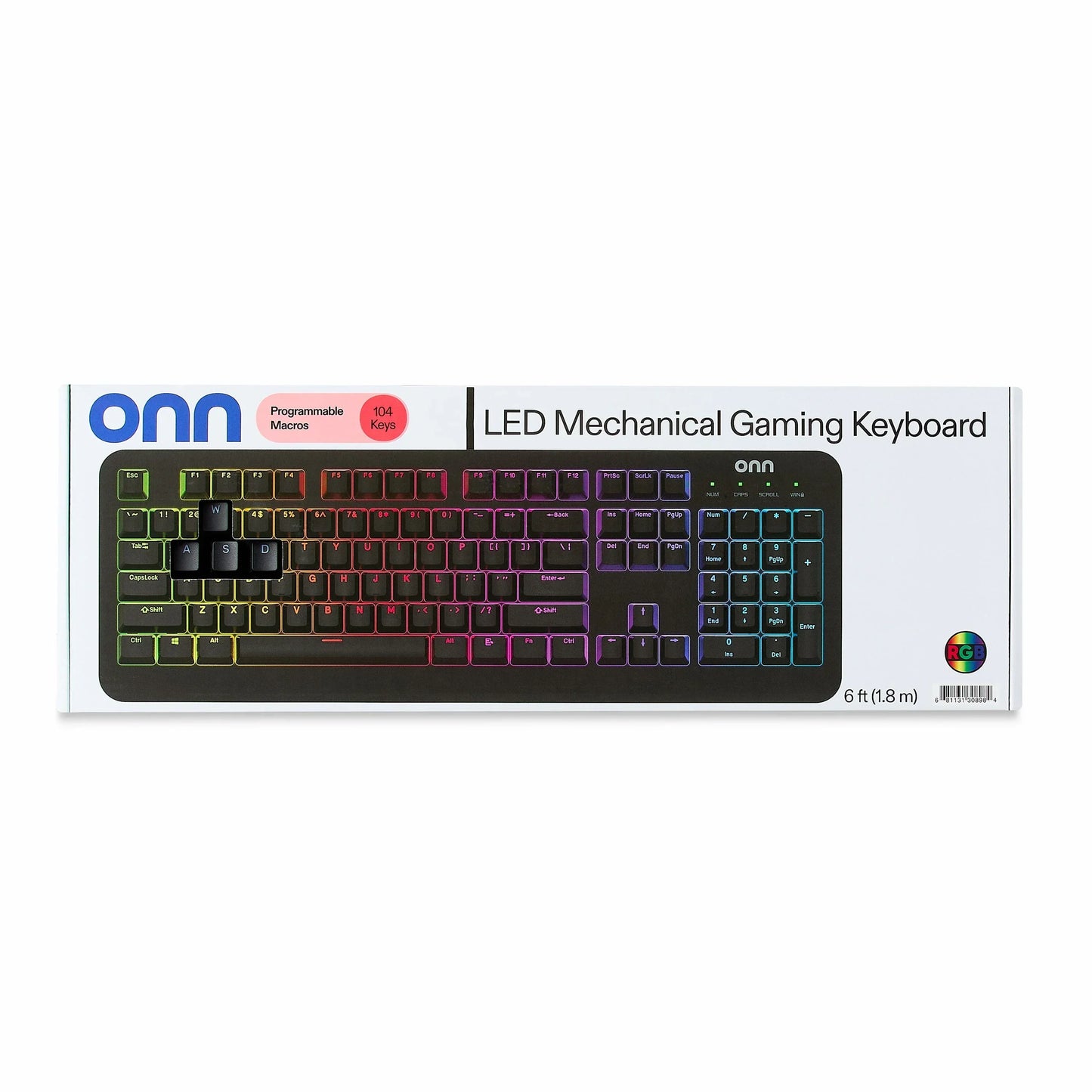onn LED mechanical gaming keyboard box with RGB backlit keys, 104 keys, for modern gaming setups