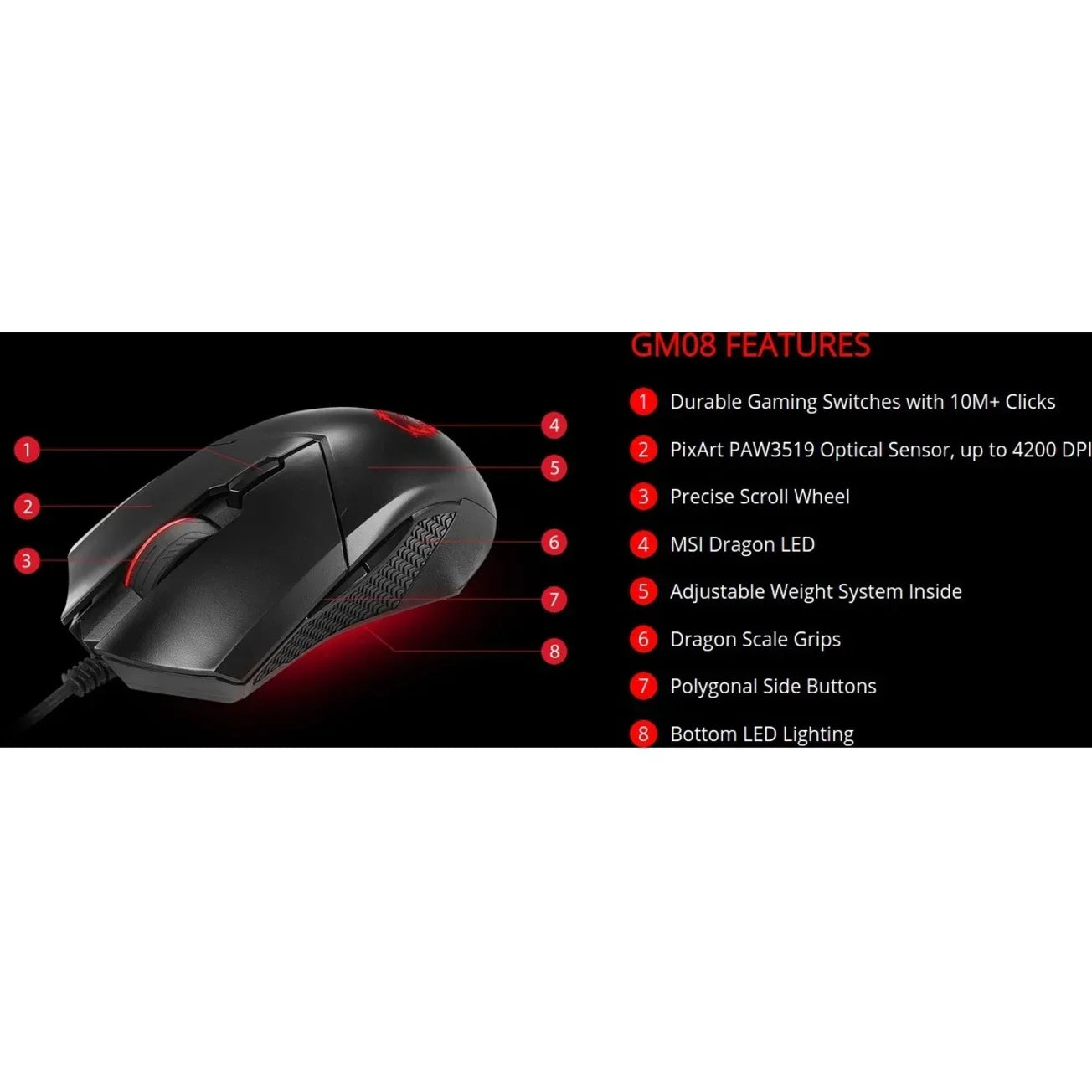 MSI GM08 gaming mouse with PixArt PAW3519 sensor, adjustable weight, dragon LED, and polygonal side buttons