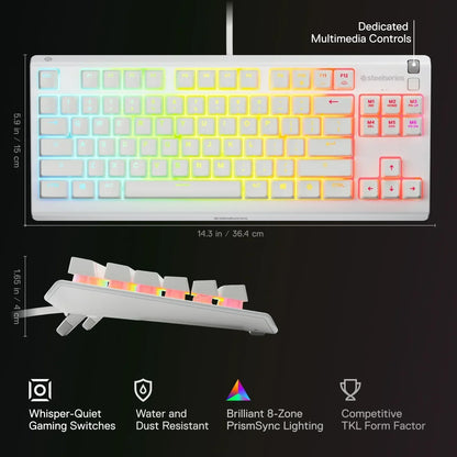SteelSeries RGB gaming keyboard with TKL design, dedicated media controls, and PrismSync lighting