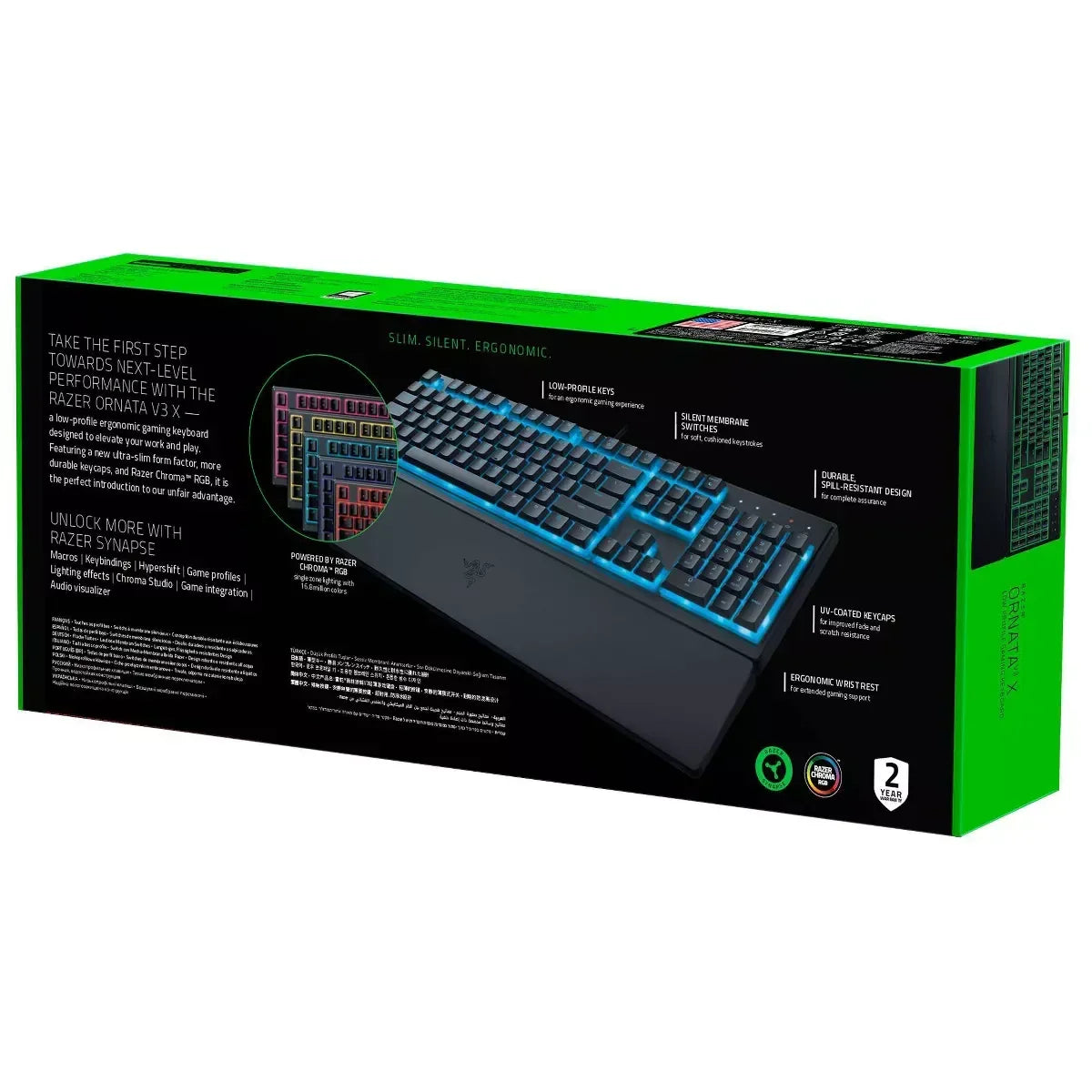 Razer Ornata V3 X gaming keyboard box with RGB lighting and ergonomic wrist rest