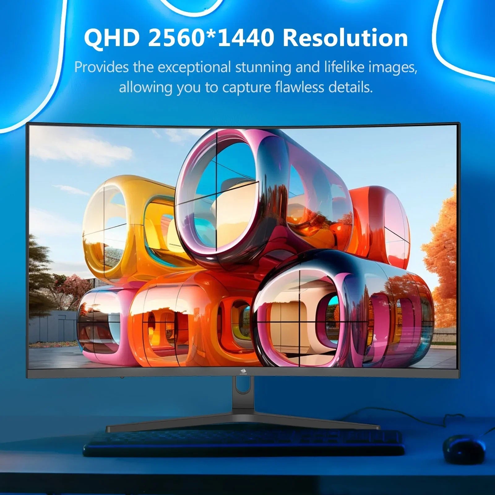 Curved gaming monitor displaying vibrant futuristic architecture in QHD 2560x1440 resolution on desk with keyboard and mouse