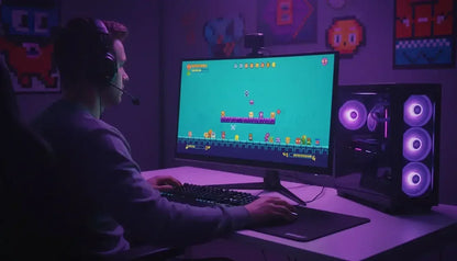 Gamer playing pixel art platformer on desktop PC with purple LED fans in a dark gaming room