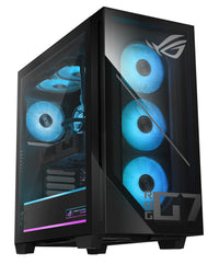 Black gaming PC tower with transparent side and front panels, featuring three blue LED fans and ROG branding