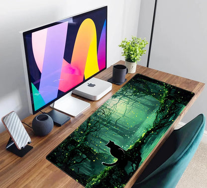 Gaming desk setup with Mac Mini, monitor, black mug, plant, and large mouse pad featuring green forest and black cat silhouette