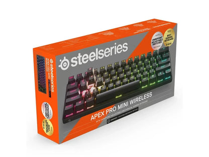 SteelSeries Apex Pro Mini Wireless gaming keyboard box with RGB lighting, modern gaming gear