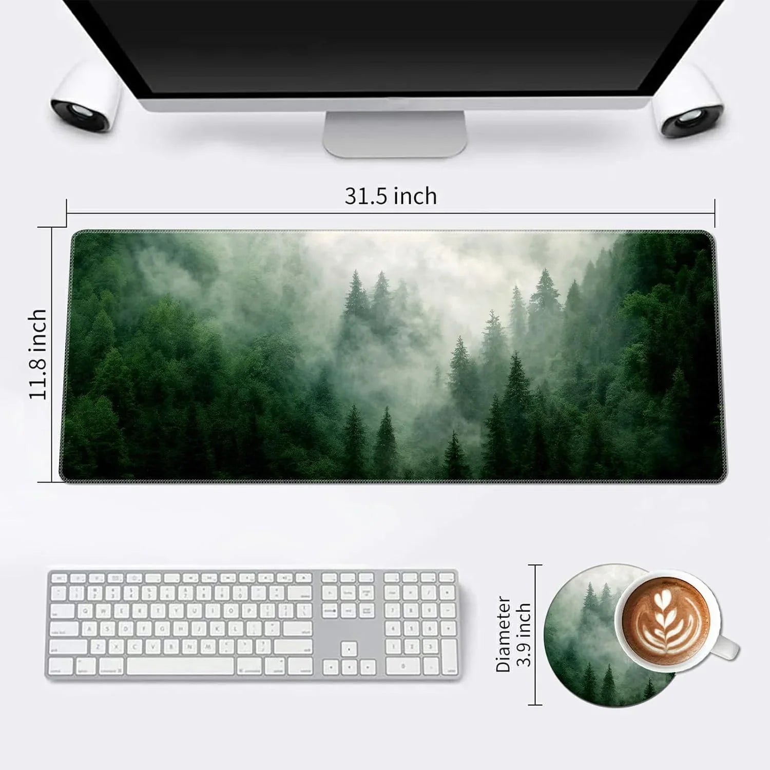 Gaming desk setup with 31.5x11.8 inch forest fog landscape mouse pad and 3.9 inch matching round coaster