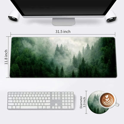 Gaming desk setup with 31.5x11.8 inch forest fog landscape mouse pad and 3.9 inch matching round coaster