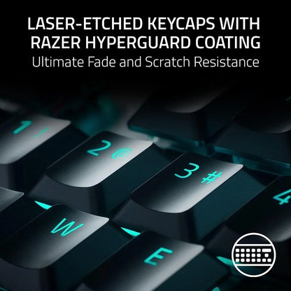 Close-up RGB gaming keyboard with laser-etched keycaps, Razer Hyperguard coating, Byte Style