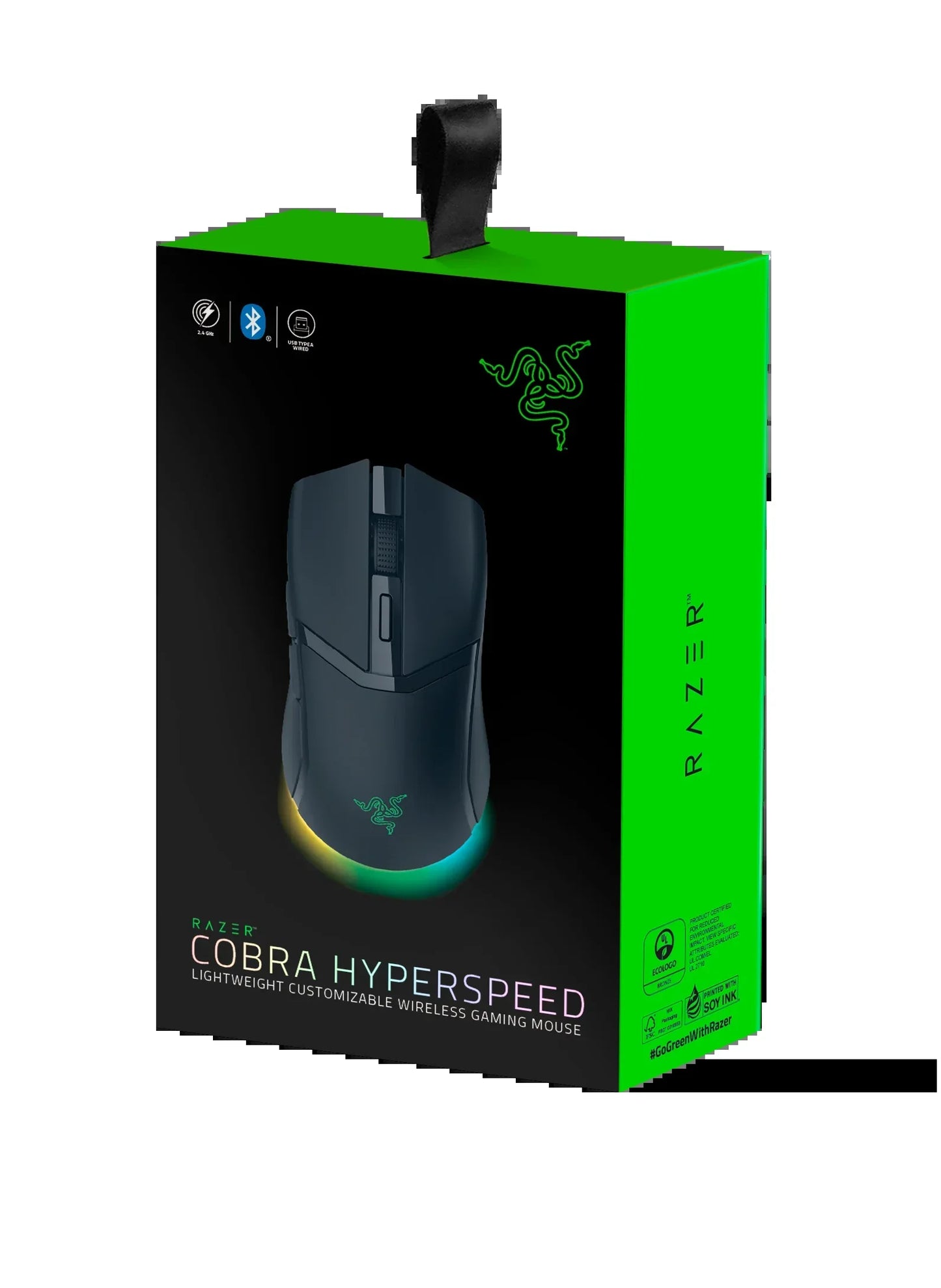 Razer Cobra Hyperspeed wireless lightweight customizable gaming mouse in black with RGB lighting on retail packaging