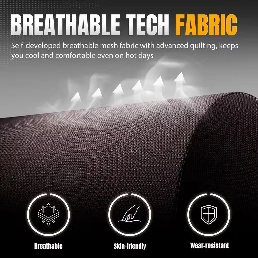 Close-up of breathable mesh tech fabric with steam and icons for breathable, skin-friendly, wear-resistant qualities